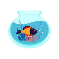 Brightly colorful fish in an aquarium with corals and algae, vector illustration of an aquarium in a flat style. Print for clothes