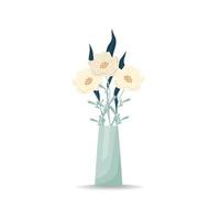 Bouquet of flowers in a vase. White poppies. Vector illustration in flat style, boho. Blooming carnation flowers, decorative leaves