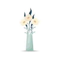 Bouquet of flowers in a vase. White poppies. Vector illustration in flat style, boho. Blooming carnation flowers, decorative leaves