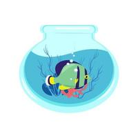 Brightly colorful fish in an aquarium with corals and algae, vector illustration of an aquarium in a flat style. Print for clothes