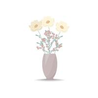 Bouquet of flowers in a vase. White poppies. Vector illustration in flat style, boho. Blooming carnation flowers, decorative leaves