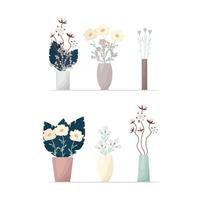 Set of flowers in boho style vases. Composition of flowers vector illustration. Bouquets of tricots, cotton, various decorative leaves and twigs