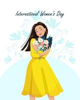 Young woman is holding a beautiful bouquet of flowers. International Women's Day. Vector illustration