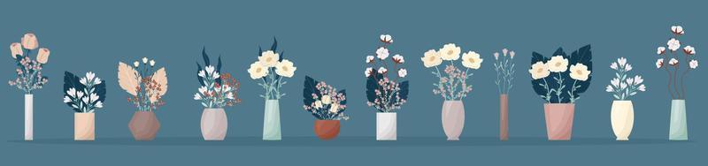 A large set of flowers in boho style vases. Composition of flowers vector illustration. Bouquets of tricots, cotton, various decorative leaves and twigs