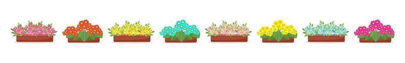 Set Blooming flowers in pots in flat style, big collection of spring flowers in boxes, isolated vector design elements.