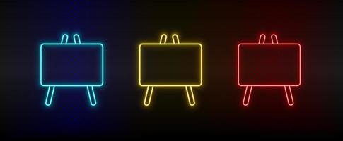 Neon icons, blackboard. Set of red, blue, yellow neon vector icon on darken transparent background