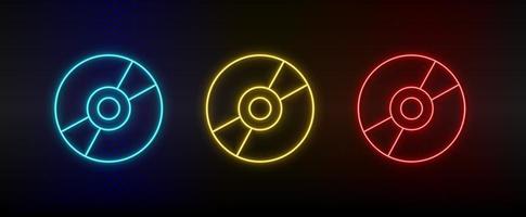 Neon icon set Disk. Set of red, blue, yellow neon vector icon on transparency dark background