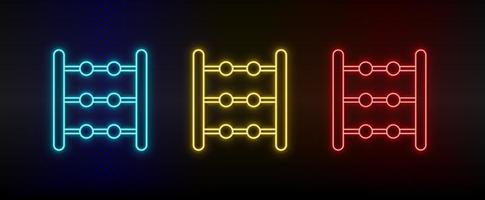 Neon icons, abacus, counting. Set of red, blue, yellow neon vector icon on darken transparent background