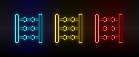 Neon icons, abacus, counting. Set of red, blue, yellow neon vector icon on darken transparent background