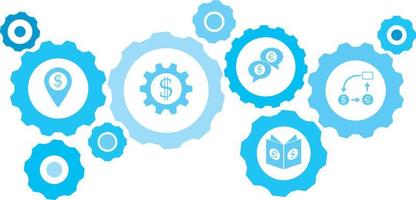 Connected gears and vector icons for logistic, service, shipping, distribution, transport, market, communicate concepts. gear blue icon setcurrency conversion, dollar .