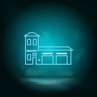 Neon building fire, station. Blue neon, Building vector icon. Vector background