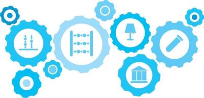 Connected gears and icons for logistic, service, shipping, distribution, transport, market, communicate concepts,lab glassware gear blue icon set. Delivery mechanism concept. on white background vector