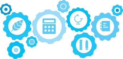 Connected gears and icons for logistic, service, shipping, distribution, transport, market, communicate concepts,document gear blue icon set. Delivery mechanism concept. on white background vector