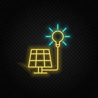 solar, charger, sun neon vector icon. Blue and yellow neon vector icon. Vector transparent background