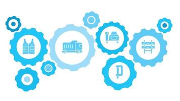 Connected gears and vector icons for logistic, service, shipping, distribution, transport, market, communicate concepts. building, road block gear blue icon set on white background