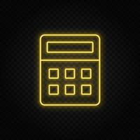 Yellow neon icon calculator. Transparent background. Yellow neon vector icon on dark background