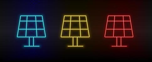 Neon icon set battery, solar. Set of red, blue, yellow neon vector icon on transparency dark background