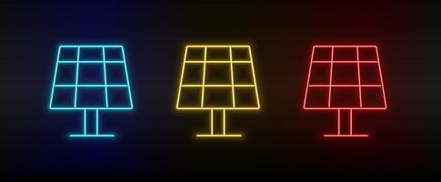 Neon icon set battery, solar. Set of red, blue, yellow neon vector icon on transparency dark background