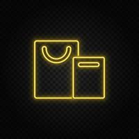 Yellow neon icon bags, shopping.Transparent background. Yellow neon vector icon on dark background