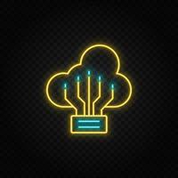 Backup, cloud. Blue and yellow neon vector icon. Transparent background on dark background