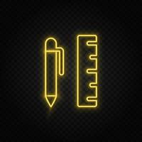 Yellow neon icon ballpeen, ruler, scale. Transparent background. Yellow neon vector icon on dark background