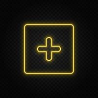 Yellow neon icon add, box.Transparent background. Yellow neon vector icon on dark background