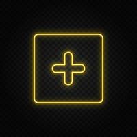 Yellow neon icon add, box.Transparent background. Yellow neon vector icon on dark background