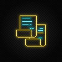 Copy, document. Blue and yellow neon vector icon. Transparent background on dark background