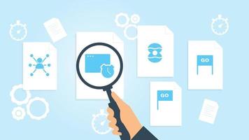 Document with search icons. File and magnifying glass. Analytics research sign. Vector Illustrationflag go launch file, document research vector illustration on white background