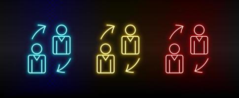 Neon icon set team, teamwork. Set of red, blue, yellow neon vector icon on transparency dark background