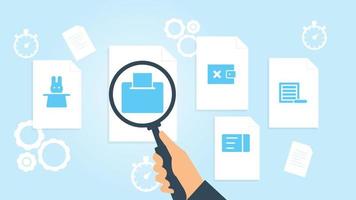Document with search icons. File and magnifying glass. Analytics research sign. Vector Illustrationbox product remove file, document research vector illustration on white background