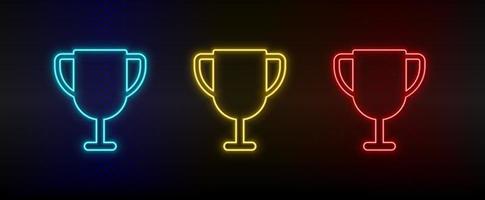 Neon icons, award, reward. Set of red, blue, yellow neon vector icon on darken transparent background