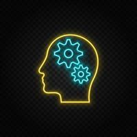 brainstorming, gear neon icon. Blue and yellow neon vector icon. Transparent background