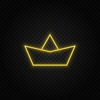Yellow neon icon boat, paper.Transparent background. Yellow neon vector icon on dark background