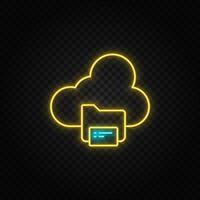 Backup, cloud ,files. Blue and yellow neon vector icon. Transparent background on dark background