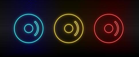 Neon icons, cd, disk, dvd. Set of red, blue, yellow neon vector icon on darken transparent background