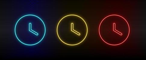 Neon icons, clock. Set of red, blue, yellow neon vector icon on darken transparent background