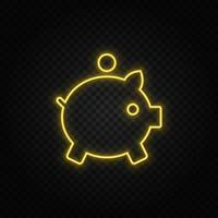 Yellow neon icon cash, money, piggy, bank.Transparent background. Yellow neon vector icon on dark background