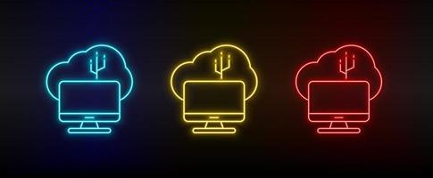 Neon icon set Cloud connection. Set of red, blue, yellow neon vector icon on transparency dark background