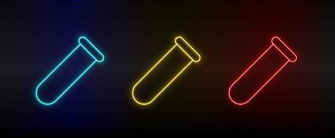 Neon icons, lab glassware. Set of red, blue, yellow neon vector icon on darken transparent background