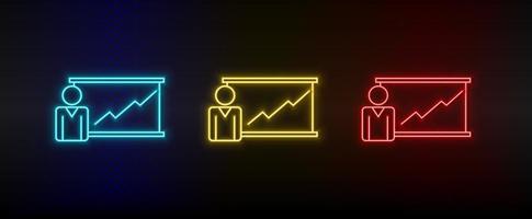 Neon icon set graph, meeting. Set of red, blue, yellow neon vector icon on transparency dark background