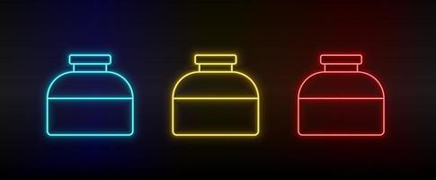 Neon icons, ink, bottle. Set of red, blue, yellow neon vector icon on darken transparent background