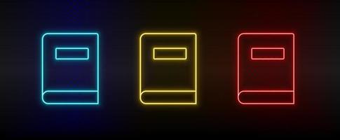 Neon icons, book. Set of red, blue, yellow neon vector icon on darken transparent background