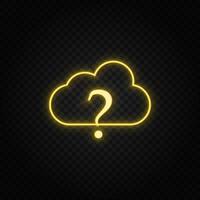 Yellow neon icon cloud faq, cloud support. Transparent background. Yellow neon vector icon on dark background