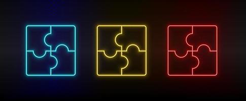 Neon icon set puzzle, strategy. Set of red, blue, yellow neon vector icon on transparency dark background