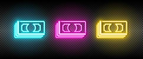 bills, cash, money, dollar neon vector icon. Illustration neon blue, yellow, red icon set