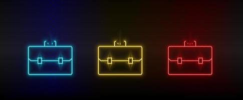 Neon icon set briefcase, portfolio. Set of red, blue, yellow neon vector icon on transparency dark background