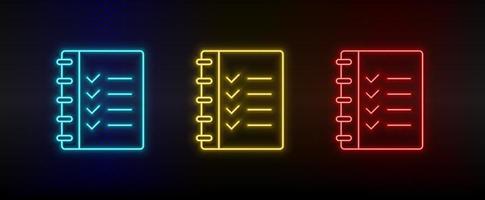 Neon icon set checklist, list. Set of red, blue, yellow neon vector icon on transparency dark background