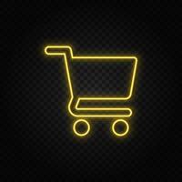 Yellow neon icon shopping, basket.Transparent background. Yellow neon vector icon on dark background