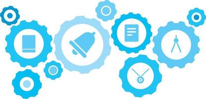 Connected gears and icons for logistic, service, shipping, distribution, transport, market, communicate concepts,geometry, compass gear blue icon set. Delivery mechanism concept. on white background vector